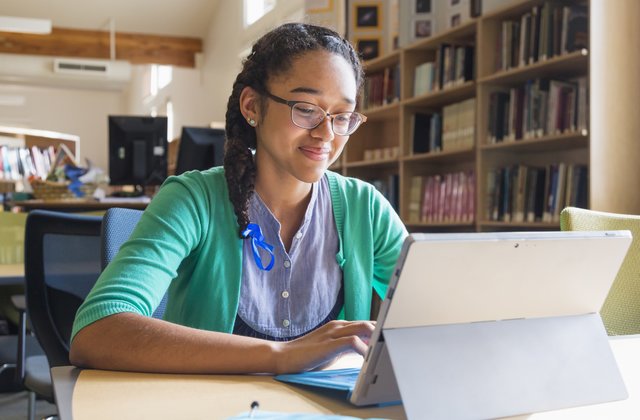 Young girl studying at a computer. 